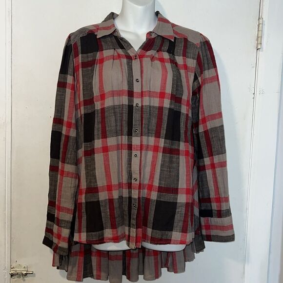 FREE PEOPLE Red Plaid Ruffle Detail Peppy Top-S - Picture 2 of 9